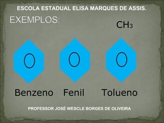 Benzeno Fenil CH 3 Tolueno PROFESSOR JOSÉ WESCLE BORGES DE OLIVEIRA ESCOLA ESTADUAL ELISA MARQUES DE ASSIS. 