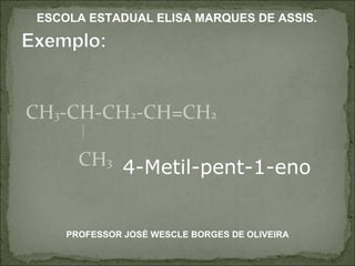CH 3 -CH-CH 2 -CH=CH 2 CH 3 4-Metil-pent-1-eno PROFESSOR JOSÉ WESCLE BORGES DE OLIVEIRA ESCOLA ESTADUAL ELISA MARQUES DE ASSIS. 
