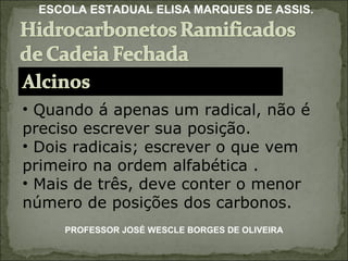 Quando á apenas um radical, não é preciso escrever sua posição. Dois radicais; escrever o que vem primeiro na ordem alfabética . Mais de três, deve conter o menor número de posições dos carbonos. PROFESSOR JOSÉ WESCLE BORGES DE OLIVEIRA ESCOLA ESTADUAL ELISA MARQUES DE ASSIS. 
