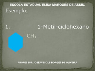 CH 3 1-Metil-ciclohexano 1. PROFESSOR JOSÉ WESCLE BORGES DE OLIVEIRA ESCOLA ESTADUAL ELISA MARQUES DE ASSIS. 