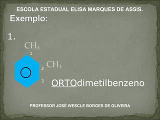 CH 3 CH 3 3 2 1 ORTO dimetilbenzeno 1. PROFESSOR JOSÉ WESCLE BORGES DE OLIVEIRA ESCOLA ESTADUAL ELISA MARQUES DE ASSIS. 