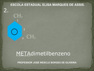 CH 3 CH 3 3 2 1 META dimetilbenzeno 2. PROFESSOR JOSÉ WESCLE BORGES DE OLIVEIRA ESCOLA ESTADUAL ELISA MARQUES DE ASSIS. 