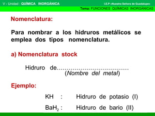 V - Unidad : QUÍMICA INORGÁNICA
Tema: FUNCIONES QUÍMICAS INORGÁNICAS
I.E.P «Nuestra Señora de Guadalupe»
Para nombrar a los hidruros metálicos se
emplea dos tipos nomenclatura.
Nomenclatura:
Hidruro de………………………………
(Nombre del metal)
a) Nomenclatura stock
KH : Hidruro de potasio (I)
BaH2 : Hidruro de bario (II)
Ejemplo:
 