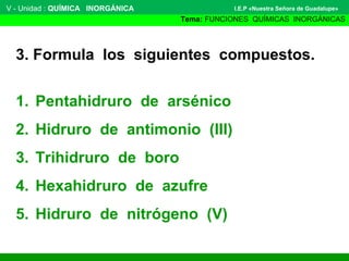 3. Formula los siguientes compuestos.
V - Unidad : QUÍMICA INORGÁNICA
Tema: FUNCIONES QUÍMICAS INORGÁNICAS
I.E.P «Nuestra Señora de Guadalupe»
1. Pentahidruro de arsénico
2. Hidruro de antimonio (III)
3. Trihidruro de boro
4. Hexahidruro de azufre
5. Hidruro de nitrógeno (V)
 