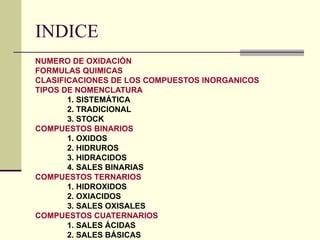 INDICE <ul><li>NUMERO DE OXIDACIÓN </li></ul><ul><li>FORMULAS QUIMICAS </li></ul><ul><li>CLASIFICACIONES DE LOS COMPUESTOS...