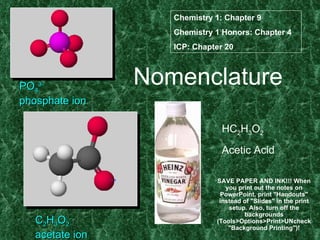 Nomenclature PO 4 3- phosphate ion C 2 H 3 O 2 - acetate ion HC 2 H 3 O 2 Acetic Acid Chemistry 1: Chapter 9 Chemistry 1 Honors: Chapter 4 ICP: Chapter 20 SAVE PAPER AND INK!!! When you print out the notes on PowerPoint, print &quot;Handouts&quot; instead of &quot;Slides&quot; in the print setup. Also, turn off the backgrounds (Tools>Options>Print>UNcheck &quot;Background Printing&quot;)! 
