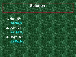 Solution  1. Na + ,  S 2-   b) Na 2 S 2.  Al 3+ , Cl -   a)  AlCl 3 3.  Mg 2+ , N 3- c) Mg 3 N 2 