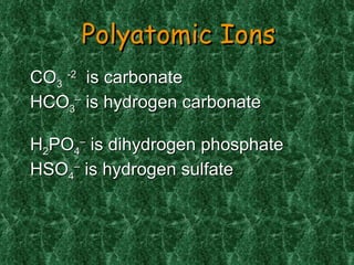 CO 3   -2   is carbonate HCO 3 –  is hydrogen carbonate H 2 PO 4 –  is dihydrogen phosphate HSO 4 –  is hydrogen sulfate Polyatomic Ions 