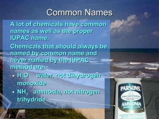 Common Names A lot of chemicals have common names as well as the proper IUPAC name. Chemicals that should always be named by common name and never named by the IUPAC method are: H 2 O water, not dihydrogen monoxide NH 3   ammonia, not nitrogen trihydride 