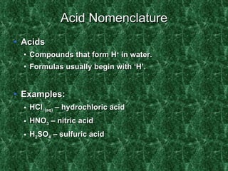 Acid Nomenclature Acids Compounds that form H +  in water. Formulas usually begin with ‘H’. Examples: HCl  (aq)  – hydrochloric acid HNO 3  – nitric acid H 2 SO 4  – sulfuric acid 