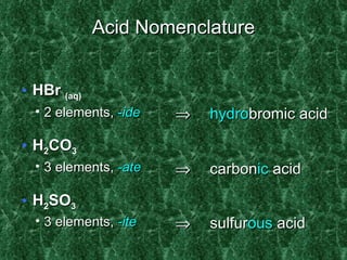 Acid Nomenclature HBr  (aq) H 2 CO 3 H 2 SO 3 2 elements,  - ide 3 elements,  -ate 3 elements,  -ite    hydro bromic acid  carbon ic  acid  sulfur ous  acid 