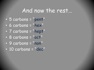 And now the rest…
• 5 carbons = “pent”
• 6 carbons = “hex”
• 7 carbons = “hept”
• 8 carbons = “oct”
• 9 carbons = “non”
• 10 carbons = “dec”
 