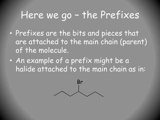 Here we go – the Prefixes
• Prefixes are the bits and pieces that
are attached to the main chain (parent)
of the molecule.
• An example of a prefix might be a
halide attached to the main chain as in:
Br
 