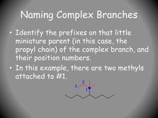 Naming Complex Branches
• Identify the prefixes on that little
miniature parent (in this case, the
propyl chain) of the complex branch, and
their position numbers.
• In this example, there are two methyls
attached to #1.
1
2
3
 