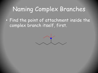 Naming Complex Branches
• Find the point of attachment inside the
complex branch itself, first.
 