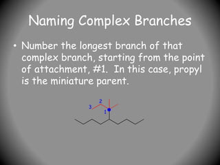 Naming Complex Branches
• Number the longest branch of that
complex branch, starting from the point
of attachment, #1. In this case, propyl
is the miniature parent.
1
2
3
 