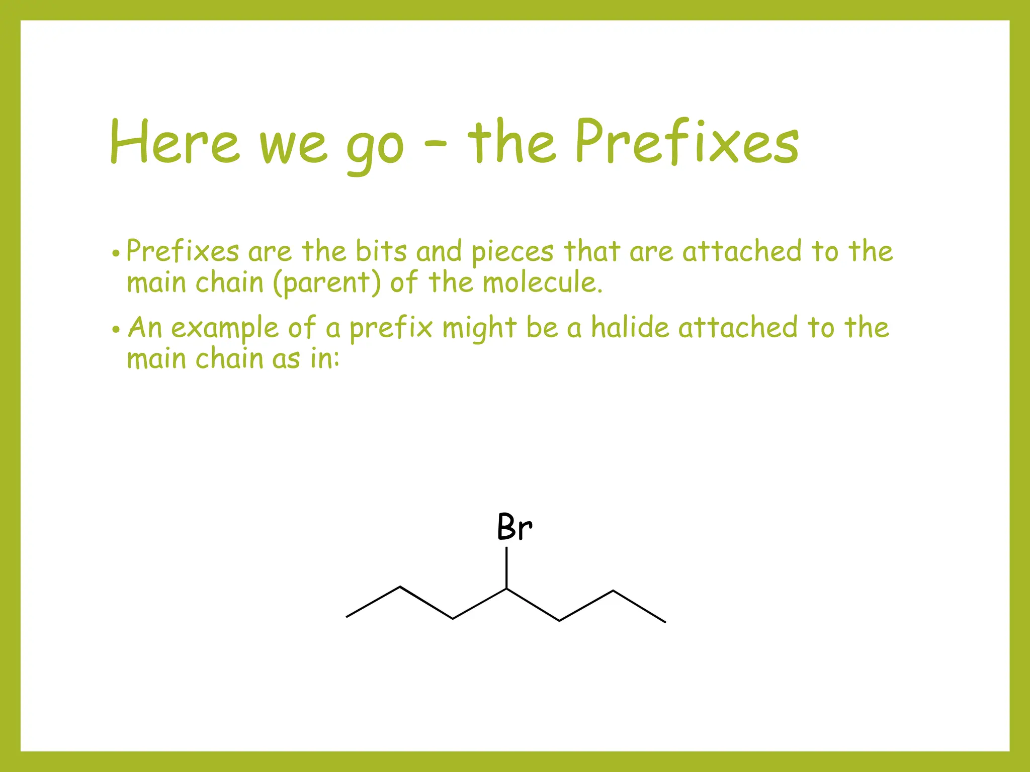 Here we go – the Prefixes
• Prefixes are the bits and pieces that are attached to the
main chain (parent) of the molecule.
• An example of a prefix might be a halide attached to the
main chain as in:
Br
 