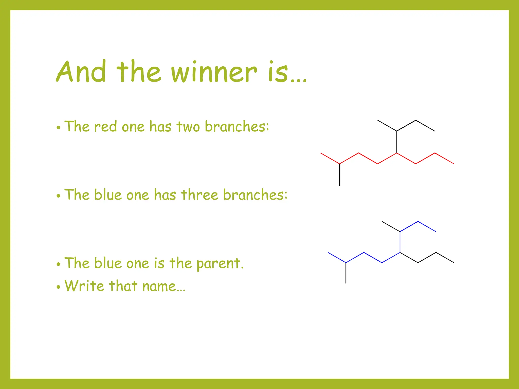 And the winner is…
• The red one has two branches:
• The blue one has three branches:
• The blue one is the parent.
• Write that name…
 