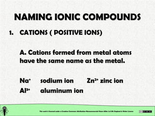NAMING IONIC COMPOUNDS CATIONS ( POSITIVE IONS) A. Cations formed from metal atoms have the same name as the metal. Na + sodium ion Zn 2+  zinc ion Al 3+ aluminum ion This work is licensed under a Creative Commons Attribution-Noncommercial-Share Alike 2.0 UK: England & Wales License   