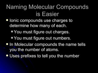 Naming Molecular Compounds is Easier Ionic compounds use charges to determine how many of each. You must figure out charges. You must figure out numbers. In Molecular compounds the name tells you the number of atoms. Uses prefixes to tell you the number 