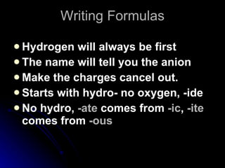 Writing Formulas Hydrogen will always be first The name will tell you the anion Make the charges cancel out. Starts with hydro- no oxygen, -ide No hydro,  -ate  comes from  -ic ,  -ite  comes from  -ous 