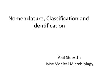 Nomenclature, Classification and
Identification
Anil Shrestha
Msc Medical Microbiology
 
