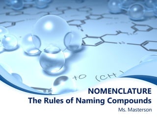 NOMENCLATURE
The Rules of Naming Compounds
Ms. Masterson

 