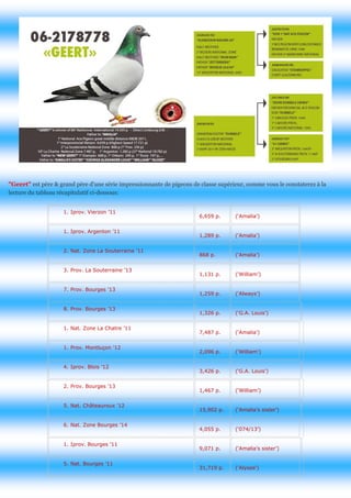"Geert" est père & grand père d'une série impressionnante de pigeons de classe supérieur, comme vous le constaterez à la lecture du tableau récapitulatif ci-dessous: 
1. Iprov. Vierzon ’11 
6,659 p. 
(‘Amalia’) 1. Iprov. Argenton ’11 
1,289 p. 
(‘Amalia’) 2. Nat. Zone La Souterraine ’11 
868 p. 
(‘Amalia’) 3. Prov. La Souterraine ’13 
1,131 p. 
(‘William’) 7. Prov. Bourges ’13 
1,259 p. 
(‘Always’) 8. Prov. Bourges ’13 
1,326 p. 
(‘G.A. Louis’) 1. Nat. Zone La Chatre ’11 
7,487 p. 
(‘Amalia’) 
1. Prov. Montluçon ’12 
2,096 p. 
(‘William’) 
4. Iprov. Blois ’12 
3,426 p. 
(‘G.A. Louis’) 2. Prov. Bourges ’13 
1,467 p. 
(‘William’) 
5. Nat. Châteauroux ’12 
15,902 p. 
(‘Amalia’s sister’) 6. Nat. Zone Bourges ’14 
4,055 p. 
(‘074/13’) 
1. Iprov. Bourges ’11 
9,071 p. 
(‘Amalia’s sister’) 5. Nat. Bourges ’11 
31,719 p. 
('Alysee') 
 