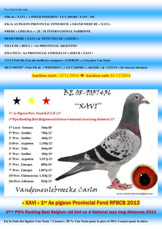 You find in the sale: 
-Fille de « XAVI » x SOEUR POSEIDON / LE CAHORS / EASY / 492 
-Fils 2e AS PIGEON PROVINCIAL FOND RFCB x GRAND MERE DE « XAVI » 
-FRERE « CHELSEA » : 2E / 3E INTERNATIONAL NARBONNE 
-DEMI-FRERE « XAVI » & PETIT FILS DU « GEERT » 
-FILLE DE « BOLT » : 1er PROVINCIAL ARGENTON 
-FILS 552/11 : 1er PROVINCIAL LIMOGES 14′ x SOEUR « XAVI » 
-711/12 Petit fils d’un des meilleurs voyageurs « ENERGIE » x Une pure Van Neste 
-BE13-9035297 : Petit Fils de « POSEIDON », « LE CAHORS », »KOXIE » & « GITAN » De Smeyter-Restiaen Auction start: 15/11/2014  Auction end: 01/12/2014 
« XAVI » 1er As pigeon Provincial Fond RFBCB 2013 
3ème PIPA Ranking Best Belgium old bird on 4 National race long distances 2013 
Est le fruit des lignées Van Neste * Casaert : 50 % Van Neste pour le père et 50% Casaert pour la mère.  