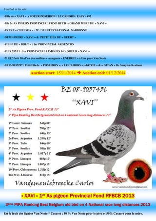 You find in the sale: 
-Fille de « XAVI » x SOEUR POSEIDON / LE CAHORS / EASY / 492 
-Fils 2e AS PIGEON PROVINCIAL FOND RF...