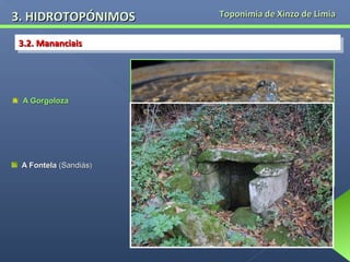 3. HIDROTOPÓNIMOS
3.2. Mananciais
3.2. Mananciais

A Gorgoloza

A Fontela (Sandiás)

Toponimia de Xinzo de Limia

 