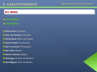8. HAXIOTOPÓNIMOS
8.1. Santos
8.1. Santos
San Vitoiro
San Pedro
Santa Ana (Sandiás)
Vilar de Santos (concello)
Santa Baia (Rairiz de Veiga)
Santo André (Trasmiras)
San Lourenzo (Porqueira)
San Paio (Baltar)
Santo Antoíño (Baltar)
Santiago (Calvos de Randín)
San Miguel (Vilar de Barrio)

Toponimia de Xinzo de Limia

 