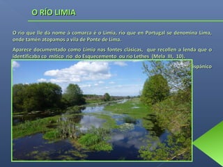 O RÍO LIMIA
O río que lle dá nome á comarca é o Limia, río que en Portugal se denomina Lima,
onde tamén atopamos a vila de Ponte de Lima.
Aparece documentado como Limia nas fontes clásicas, que recollen a lenda que o
identificaba co mítico río do Esquecemento ou río Lethes (Mela III, 10).
A voz Limia remóntase a un étimo hidronímico emparentado co apelativo hispánico
limo ‘lama ou vexetación verde e viscosa que se forma nos sitios húmidos'.

 