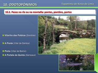 10. ODOTOPÓNIMOS

Toponimia de Xinzo de Limia

10.2. Pasos no río ou na montaña: pontes, pontóns, portos
10.2. Pasos no río ou na montaña: pontes, pontóns, portos

Vilariño das Poldras (Sandiás)
A Ponte (Vilar de Santos)
Porto (Vilar de Barrio)
A Portela da Quinta (Sarreaus)

 