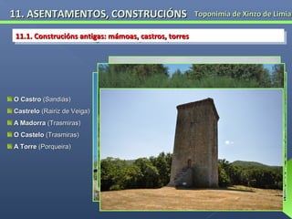 11. ASENTAMENTOS, CONSTRUCIÓNS
11.1. Construcións antigas: mámoas, castros, torres
11.1. Construcións antigas: mámoas, castros, torres

O Castro (Sandiás)
Castrelo (Rairiz de Veiga)
A Madorra (Trasmiras)
O Castelo (Trasmiras)
A Torre (Porqueira)

Toponimia de Xinzo de Limia

 