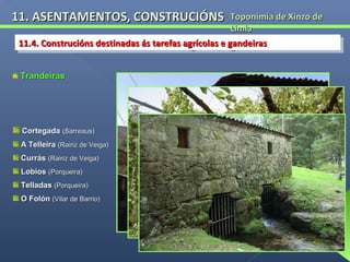 11. ASENTAMENTOS, CONSTRUCIÓNS

Toponimia de Xinzo de
Limia
11.4. Construcións destinadas ás tarefas agrícolas e gandeiras
11.4. Construcións destinadas ás tarefas agrícolas e gandeiras
Trandeiras

Cortegada (Sarreaus)
A Telleira (Rairiz de Veiga)
Currás (Rairiz de Veiga)
Lobios (Porqueira)
Telladas (Porqueira)
O Folón (Vilar de Barrio)

 