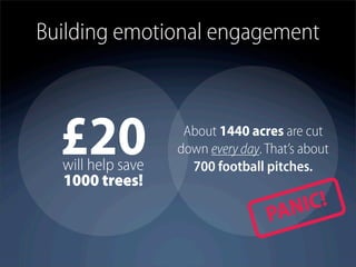 Building emotional engagement



  £20
  will help save
                    About 1440 acres are cut
                   down every day. That’s about
                     700 football pitches.
  1000 trees!

                                   PAN IC!
 