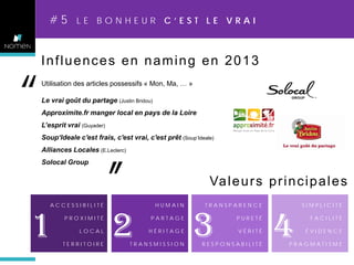 #5

“

LE BONHEUR C’EST LE VRAI

Influences en naming en 2013
Utilisation des articles possessifs « Mon, Ma, … »
Le vrai goût du partage (Justin Bridou)

„

Approximite.fr manger local en pays de la Loire
L’esprit vrai (Guyader)

Soup‘Ideale c'est frais, c'est vrai, c'est prêt (Soup‘Ideale)
Alliances Locales (E.Leclerc)
Solocal Group

ACCESSIBILITÉ

1

PROXIMITÉ
LOCAL
TERRITOIRE

2

Va l e u r s p r i n c i p a l e s
HUMAIN
PARTAGE
HÉRITAGE

TRANSMISSION

TRANSPARENCE

3

PURETÉ
VÉRITÉ

RESPONSABILITÉ

4

SIMPLICITÉ
FACILITÉ
ÉVIDENCE

PRAGMATISME

 