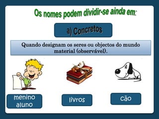 Os nomes podem dividir-se ainda em:a) ConcretosQuando designam os seres ou objectos do mundo material (observável).cãomeninoalunolivros