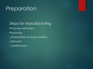 Preparation
Steps for manufacturing
Polymer formation
Spinning
a)Preparation of dope solution
b)Extrusion
c)Solidification