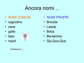 Ancora nomi…
•
•
•
•
•
•

NOMI COMUNI
cagnolino
cane
gatto
topo
nipoti
Continua tu…..

•
•
•
•
•
•

NOMI PROPRI
Briciola
Lassie
Birba
Beniamino
Qui,Quo,Qua

 
