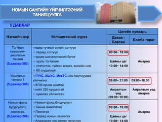 Нэгжийн нэр 
Үйлчилгээний хүрээ 
Цагийн хуваарь 
Даваа - Баасан 
Бямба гариг 
Тогтмол хэвлэлийн уншлагын танхим 
(5 давхар 503) 
өдөр тутмын сонин, сэтгүүл 
гадаад сэтгүүл 
эрдэм шинжилгээний бичиг 
хууль тогтоомж 
статистик, тайлан мэдээ, жилийн ном 
60 суудалтай 
09:00~ 18:00 
Цайны цаг 
13:00~ 14:00 
Амарна 
Уншлагын танхим 1 
(5 давхар 505) 
ГУУС, ХШУС, МехТС-ийн оюутнуудад 
үйлчилнэ 
8730 орчим номтой 
нийт 220 суудалтай 
хувилах үйлчилгээ 
09:00~ 21:00 
Амралтын үед (09:00~18:00) 
09:00~18:00 
Амралтын үед амарна 
Номын фонд 
бүрдүүлэлт, 
лавлагаа, 
(5 давхар 506) 
Номын фонд бүрдүүлэлт 
Техник ажиллагаа 
Лавлагаа 
Гадаад номын захиалга 
Алдагдсан ном нөхөн төлүүлэх 
09:00~ 18:00 
Цайны цаг 
13:00~ 14:00 
Амарна 
5ДАВХАР  