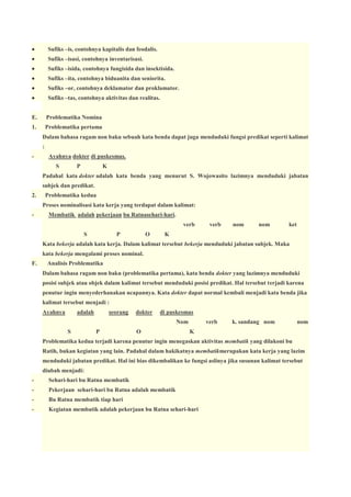 

Sufiks –is, contohnya kapitalis dan feodalis.



Sufiks –isasi, contohnya inventarisasi.



Sufiks –isida, contohnya fungisida dan insektisida.



Sufiks –ita, contohnya biduanita dan seniorita.



Sufiks –or, contohnya deklamator dan proklamator.



Sufiks –tas, contohnya aktivitas dan realitas.

E.

Problematika Nomina

1.

Problematika pertama
Dalam bahasa ragam non baku sebuah kata benda dapat juga menduduki fungsi predikat seperti kalimat
:

-

Ayahnya dokter di puskesmas.
S

P

K

Padahal kata dokter adalah kata benda yang menurut S. Wojowasito lazimnya menduduki jabatan
subjek dan predikat.
2.

Problematika kedua
Proses nominalisasi kata kerja yang terdapat dalam kalimat:

-

Membatik adalah pekerjaan bu Ratnasehari-hari.
verb
S

P

O

verb

nom

nom

ket

K

Kata bekerja adalah kata kerja. Dalam kalimat tersebut bekerja menduduki jabatan subjek. Maka
kata bekerja mengalami proses nominal.
F.

Analisis Problematika
Dalam bahasa ragam non baku (problematika pertama), kata benda dokter yang lazimnya menduduki
posisi subjek atau objek dalam kalimat tersebut menduduki posisi predikat. Hal tersebut terjadi karena
penutur ingin menyederhanakan ucapannya. Kata dokter dapat normal kembali menjadi kata benda jika
kalimat tersebut menjadi :
Ayahnya

adalah

seorang

dokter

di puskesmas
Nom

S

P

O

verb

k. sandang nom

nom

K

Problematika kedua terjadi karena penutur ingin menegaskan aktivitas membatik yang dilakoni bu
Ratih, bukan kegiatan yang lain. Padahal dalam hakikatnya membatikmerupakan kata kerja yang lazim
menduduki jabatan predikat. Hal ini bias dikembalikan ke fungsi aslinya jika susunan kalimat tersebut
diubah menjadi:
-

Sehari-hari bu Ratna membatik

-

Pekerjaan sehari-hari bu Ratna adalah membatik

-

Bu Ratna membatik tiap hari

-

Kegiatan membatik adalah pekerjaan bu Ratna sehari-hari

 