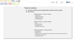 Datos de nómina, 4 nuevos campos:
• TipoNomina
• TotalPercepciones
• TotalDeducciones
• TotalOtrosPagos
77 Campos conforman el Complemento de Nómina de los cuales
37 son nuevos
Nuevos campos
Datos del emisor, 4 nuevos campos:
• Curp
• RfcPatronOrigen
• OrigenRecurso
• MontoRecursoPropio
Datos del receptor, 4 nuevos campos :
• Sindicalizado
• ClaveEntFed
• RfcLabora (Uso de empresas que prestan servicios de subcontratación o
tercerización de nómina).
• PorcentajeTiempo
 