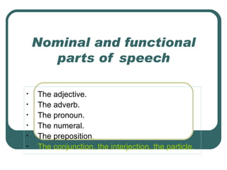 Nominal and functional parts of speech ,[object Object],[object Object],[object Object],[object Object],[object Object],[object Object]