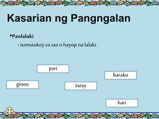 Kasarian ng Pangngalan
•Panlalaki
- tumutukoysa taoo hayop na lalaki.
ginoo
pari
tatay
hari
barako
 