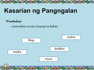 •Pambabae
- tumutukoysa taoo hayop na babae.
libay
madre
reyna
binibini
inahin
Kasarian ng Pangngalan
 