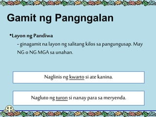 •Layon ng Pandiwa
- ginagamitna layon ngsalitangkilos sa pangungusap.May
NG o NG MGA sa unahan.
Naglinisngkwarto si ate kanina.
Naglutong turon si nanaypara sa meryenda.
Gamit ng Pangngalan
 