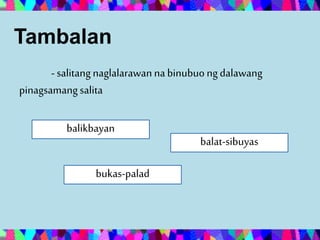 Tambalan
- salitangnaglalarawanna binubuo ngdalawang
pinagsamangsalita
balikbayan
bukas-palad
balat-sibuyas
 