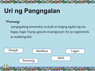 Uri ng Pangngalan
•Pantangi
-pangngalangtumutukoysa tiyak at tangingngalanngtao,
bagay, lugar, hayop, gawainat pangyayari. Ito ay nagsisimula
sa malakingtitik.
Dimple
Samsung
Marikina
NHA
Logan
 